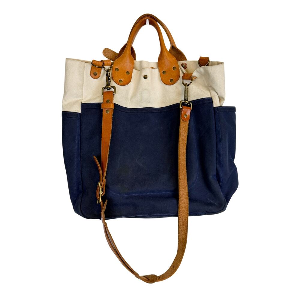 Winter Session Garrison Tote Bag Canvas Leather Navy Blue Cream